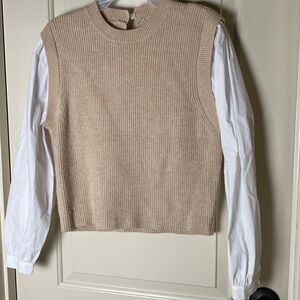 MNG by Mango Small Sweater Vest Shirt Long Sleeve Tan White